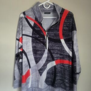 Men's Quarter-Zip Pullover Sweater - Gray with Red & Black Pattern